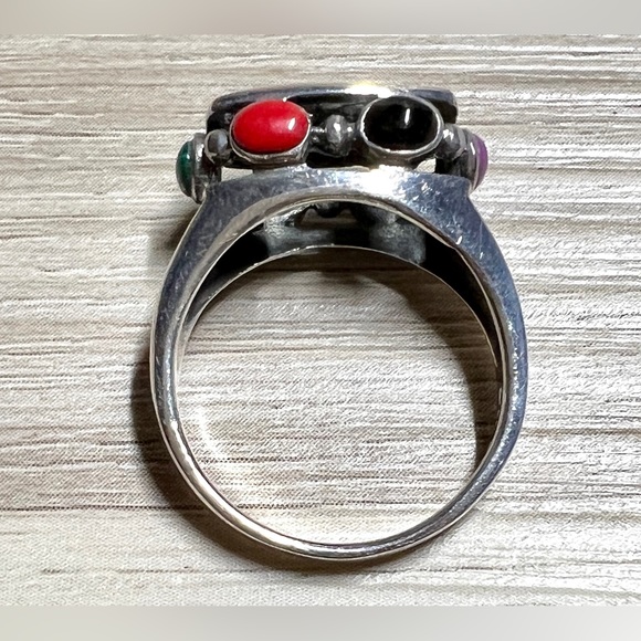 Designer (SE) Sterling Silver Turquoise, Coral, & Onyx Filigree Ring, Size 8, 5g - Picture 7 of 12